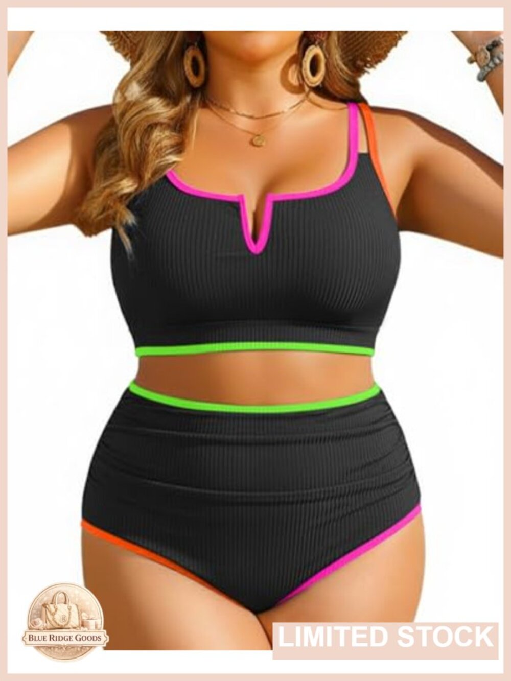 Plus Size High Waisted Bikini Two Piece Tummy Control Ribbed Swimsuit